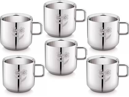 LIMETRO STEEL Pack of 6 Stainless Steel Stainless Steel Double Wall Laser Printed Flower Design Tea, Coffee Cup,