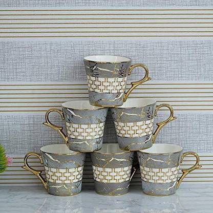 Femora Pack of 6 Bone China Indian Ceramic Fine Bone China Grey Gold Line Tea Cup - 6 Pcs, 155 ML