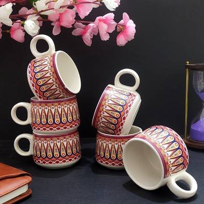 AAV WORLD Pack of 6 Ceramic Muglai Red Art Ceramic Tea Cup