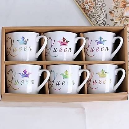 BONZEAL Pack of 6 Ceramic Printed Queen Gold Line Royal Tea Cup Set of 6 170ML