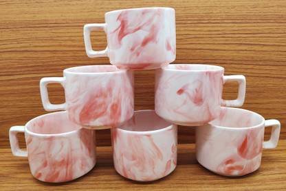 laghima jadon Pack of 6 Ceramic Coffee Cups & Tea Hotel Cup Round shape 130ML (White Red) Multicolor
