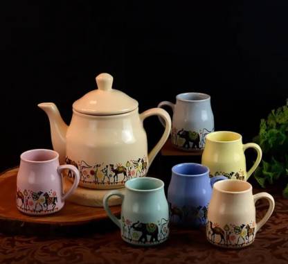 HomeFrills Pack of 7 Ceramic Hand Painted Tea Kettle Set with 6 Cups(150ml), 1 Kettle(400ml)  (Multicolor, Cup Set)