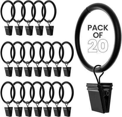 STEFLON Curtain Clips Set of 20,1.5 Inch Black Curtain Rings Curtain Ring