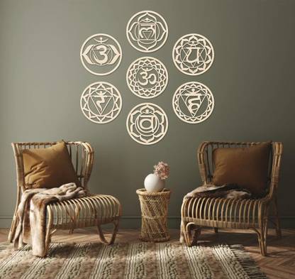 American-Elm Set of 7 Chakra Wooden Wall Decor, Chakra Wall Art, Chakra Symbols 8 Inch Wooden Cut-outs