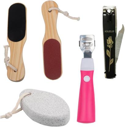 FOLELLO Pedicure Kit - 1 Nail Cutter, 1 Foot Scrubber, 1 Callus Remover, 1 Pumice Stone| Single Ended Cuticle Pusher