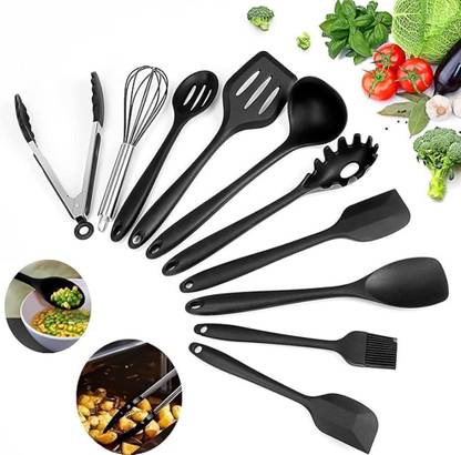 SYGA Silicone Kitchen Utensils Spoon Set, 10 Pieces Silicone Cooking & Baking Tool Sets Non-Toxic Hygienic Safety Heat Resistant_Black Silicone Cutlery Set Silicone Cutlery Set