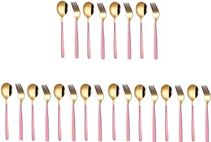 YELONA Mirror Finish Golden Cutlery Pink Handle,Flatware,Tableware (12 Spoons,12 Forks) Gold Plated, Stainless Steel Cutlery Set