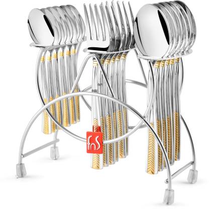FnS Midas 24 Karat Gold Plated on Handle - 6 Dinner Spoons, 6 Fork & 6 Teaspoons Stainless Steel Cutlery Set