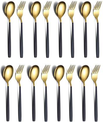 UniKart Golden Fork & Spoon with Charcoal Black Handle|for Dinner, Café, Desserts, Salad Stainless Steel Cutlery Set