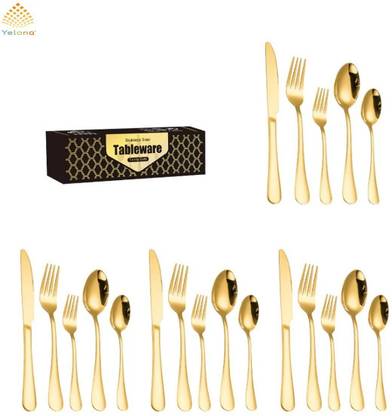 YELONA Premium Gold Dinnerware Set Includes Steak Knife/Fork/Spoon, Reusable Stainless Steel Cutlery Set