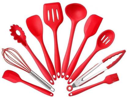 SYGA Silicone Kitchen Utensils Spoon Set, 10 Pieces Silicone Cooking & Baking Tool Sets Non-Toxic Hygienic Safety Heat Resistant_Red Silicone Cutlery Set