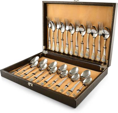 FnS Imperio 24 Karat Gold Plated (6 Spoon, 6 Forks, 6 Teaspoon, 6 Baby Spoon) Stainless Steel Cutlery Set