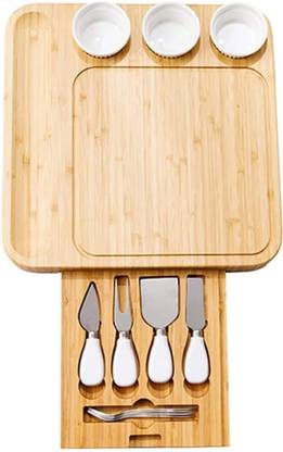 PREMSONS Bamboo Cheese Board and Knife Set, Large Snack Tray for Serving Cheese Bamboo Cutting Board