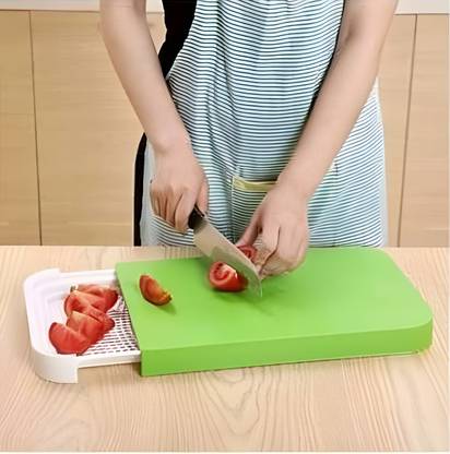 Jinila 3 in 1 Chopping Board with Strainer Tray Sliding Cutting Board for Kitchen Use Plastic Cutting Board