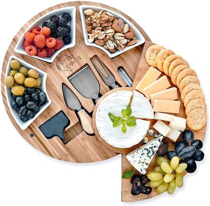 Iktu Bamboo Cheese Board Serving Tray Serving Platter Cheese Board Cheese Knife Set Bamboo Cutting Board