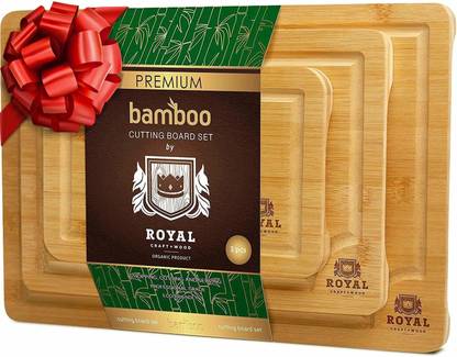 ROYAL CRAFT WOOD Royal Craft Wood Organic Bamboo Cutting Board with Juice Groove (3-Piece Set) - Best Kitchen Chopping Board for Meat (Butcher Block) Cheese and Vegetables | Anti Microbial Heavy Duty Serving Tray w/Handles Wooden Cutting Board