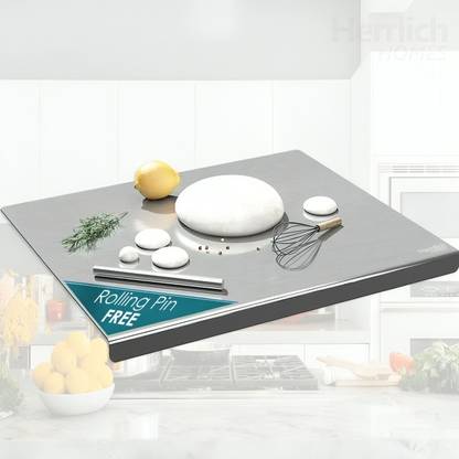 Herrlich Homes Chopping Board for Kitchen | Free Rollin Pin | Medium | 42 x 32 cm | Round Edge Stainless Steel Cutting Board