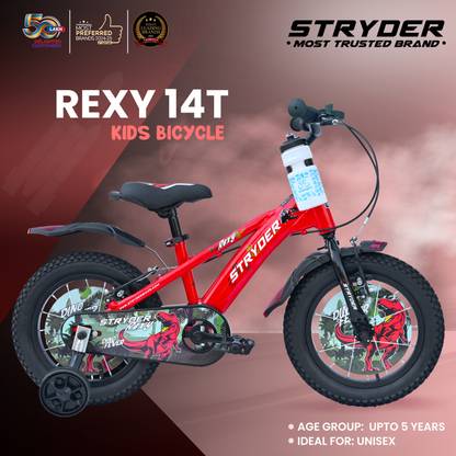 STRYDER Rexy 14T Kids Bicycle with Dino-Themed Design, Bottle Holder & Support Wheels | 14 T (inch) BMX Cycle