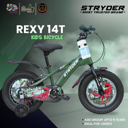STRYDER Rexy 14T Kids Bicycle with Dino-Themed Design, Bottle Holder & Support Wheels | 14 T (inch) BMX Cycle