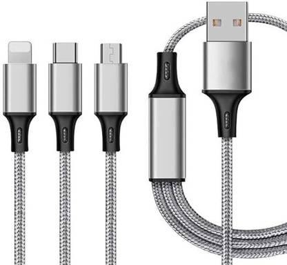 BASS BLING 3-in-1 Cable 1.2 m 3 in 1 charging cable multi charging cable for charger (SILVER 3 IN 1 FAST CHARGING CABLE)