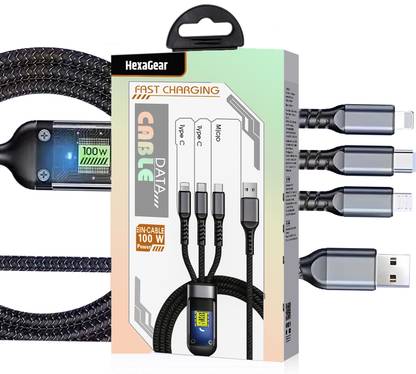 HexaGear 3-in-1 Cable 6 A 1 m METAL BRAIDED HyperVolt 100W 6A Cable, High-Speed, 3 Connectors, Type C Micro Lightning