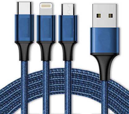 HRYFiNE 3-in-1 Cable 1.5 m Nylon Braided All in One Charger Cable Multiple Ports For Car Type c, Micro USB & Lightning