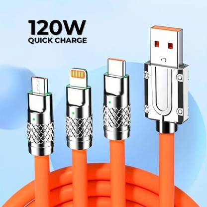 TecSox 3-in-1 Cable 13 A 1 m Braided 3 in 1 - 120W Fast Charging Cable Compatible for-iPhone & Android with MFI Certified (1 Meter)