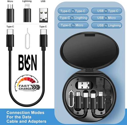 BKN 3-in-1 Cable 3 A 0.127 m 5 in 1 SUPER FAST CERTIFIED 60W ESSENTIAL (5 in 1) DATA CABLE MINI COMPLETE SET COMPACT DESIGN Mini Multi-Functional Fast Charging Data Cable Set for Apple, Android, Type C Charging with Retrieve Card Pin,Round Storage Box,Compact and Portable USB Data Cable Storage Box Travel Cable Set (DAILY NEED / TRAVELLING KIT / FOREIGN TOUR KIT / ESSENTIAL ITEM / ALL IN ONE CABLE SET / All In One 60W USB Fast Charging Travel Cable Set / Cable Conversion Storage Box, Multi-Type Charging Convertor USB C to Lightning Type C Micro Data Transfer Tool Contains Card Slot Tray Eject Pin, Use as Phone Holder / USB Data Cable Set Travel Cable Set (Compatible with Data Transfer, Charging Adapter, Smartphones, Multicolor / All-in-One 60W Multi Functional Fast Charging Data Cable & Accessory Storage Set (Compatible with Mobile, Laptop, Camera, Tablet, Black