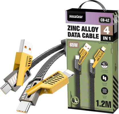 HexaGear 4-in-1 Cable 6 A 1 m METAL BRAIDED All-in-One 65W Fast Charging Cable | Type-A, Type-C, Lightning | Ultra Durable