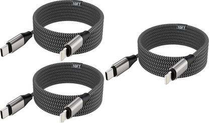 FKU Lightning Cable 3 m 10ft Long Lightning Cable Rapid Charger Sync USB TYPE C Wire Z3X ( PACK OF 3 )