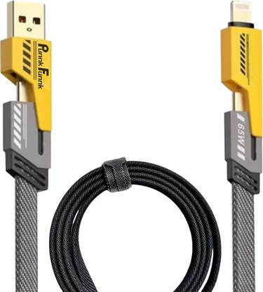 PunnkFunnk Lightning Cable 13 A 1 m Metal Braided 4in1 Lightning Cable – 1m USB C, Lightning, USB A, 66W Fast Charging, Dual Device Support