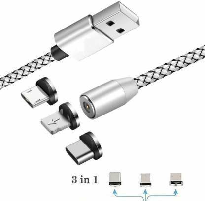 NKL Micro USB Cable 1.2 m Magnetic 043 Data Cable Super Fast Data Cable3.0 A 3 in 1 Cable Nylon Braided Fast Charging Cable 3.0A Magnet Cable Multi 3-in-1 360 Degree Rotate With LED for Android Samsung ,Iphone ,Type-C Charging Cable