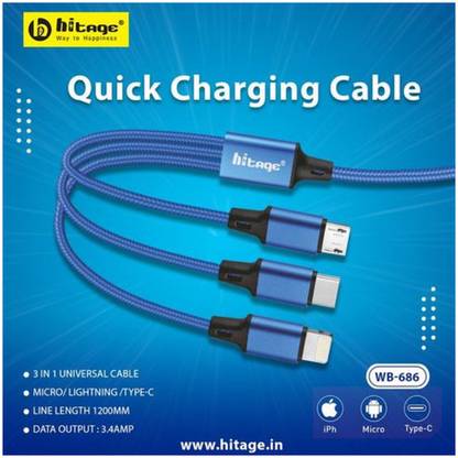 Hitage Micro USB Cable 130 m WB-686 3 IN 1 Universal Data Cable 2.4 A OutPut Fast Charging Data Cable