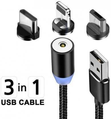 NKL Micro USB Cable 1.2 m 360 Degree Rotate Multi 3-in-1 Magnet Cable with LED for Android Samsung ,Iphone ,Type-C Charging Cable