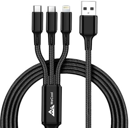WeCool Micro USB Cable 3 A 1 m nylon braided Multifunction Fast Charging Cable for Android, iOS and Type C Devices, 3 in 1 Charging Cable, 3A, (3 Feet) (Black)