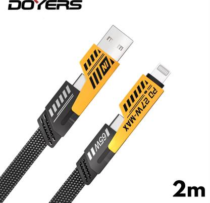 Doyers Type C 6.5 A 2 m Nylon Braided USB C Cable Lightning Cable [65W 4 in 1 Charging Cable] Flat Braided USB C Charger Cord with Data Transfe, Multi Charging Cable Combo Type C/USB A/Lightning Port for iPhone iPad & Most Devices
