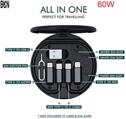 BKN 3-in-1 Cable 3 A 0.13 m 5 in 1 SUPER FAST CERTIFIED 60W ESSENTIAL (5 in 1) DATA CABLE MINI COMPLETE SET COMPACT DESIGN USB Cable Card,Multi-Function Portable USB Adapter Card Storage (ESSENTIAL GOODS) 5-in-1 Multi Case with Multiple Connector Convertor Adapter Kit (Compatible with All Smartphones, iPhone, Laptop / DATA CABLE SET WITH ALL USB FOR ALL DEVICES BLACK (PACK OF 1) (Compatible with Mobile, Computer, Laptop, HDTV) / USB Adapter Cable Conversion Storage Box, Multi-Type Charging Convertor USB C to Lightning Type C Micro Data Transfer Tool Contains Card Slot Tray Eject Pin, Use as Phone Holder AND DATA CABLE SET WITH ALL USB FOR ALL DEVICES BLACK (PACK OF 1 SET)/ All-in-One 60W Multi Functional Fast Charging Data Cable & Accessory Storage Set (Compatible with Mobile, Laptop, Camera, Tablet