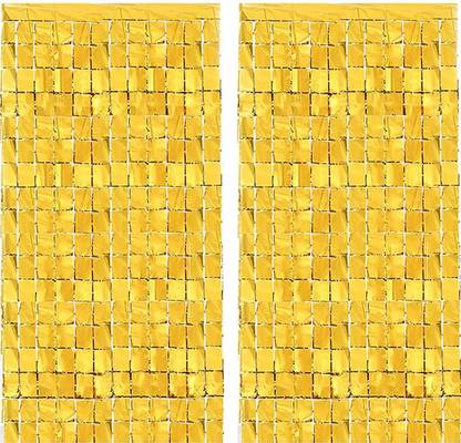Birthday Popper Golden Square Foil Curtain (2 Pack;3.5ft x 6.5ft)Metallic Backdrop Streamers Birthday, Haldi Ceremony Decor