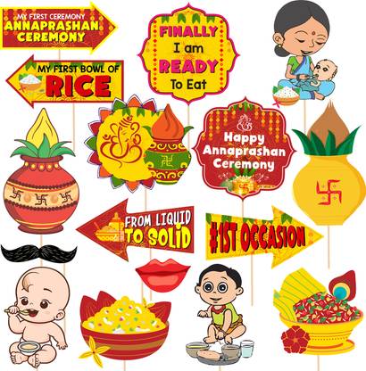 ZYOZI Yellow & Red 16 Pcs Rice Ceremony Photo Booth Props/Annaprashan Decoration Items