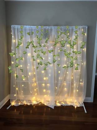 special you SpecialYou White net Curtain Cloth Backdrop for Decoration with Fairy led lights and Artificial Green Leaves- 9 Items