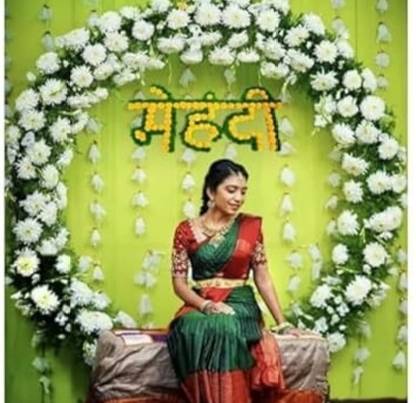 SAKTI Green yellow, orange Rectangular mehndi design with colour full pom pom