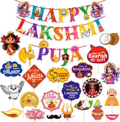 ZYOZI Multicolor Lakshmi Puja Decorations Items-Puja Paper Banner & Photo Booth Props(Pack Of 23)