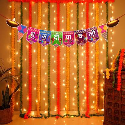 ZYOZI Multicolor Diwali Decorations Items - Diwali Banner & Rice Light (Pack Of 2)