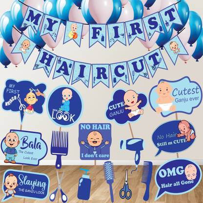 Xzotic Multicolor First Haircut Banner | Props | Balloons | Blue Theme | Set of 42 pcs