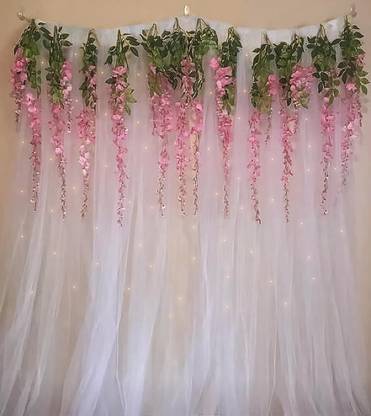 Fun and Flex Wisteria Flower Vines Backdrop Decoration Combo with White net and LED Light