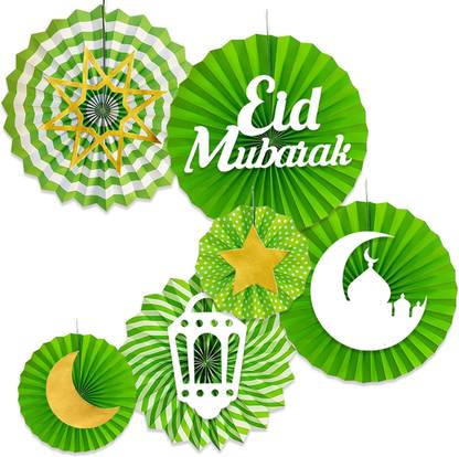 Rozi Decoration Green Eid Mubarak Hanging Paper Fan Decoration Items for Eid Party Decorations