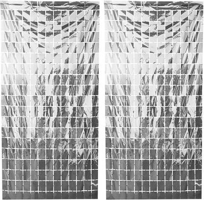 Birthday Popper Silver Square Foil Curtain |2 Pack;3.5ft x 6.5ft Each|Metallic Backdrop Streamers Decor