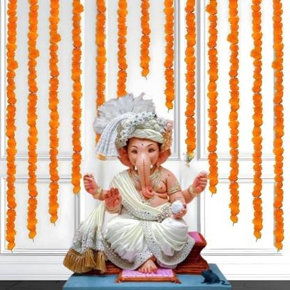 SSM Decorators Artificial Orange Marigold Garland for Door Toran Ganesh Chaturthi Decoration Fake Genda Phool Fluffy flowers for Diwali Decoration festive decor (Pack of 5)