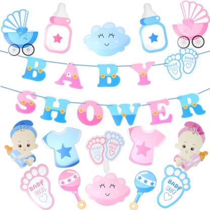 Birthday Popper Blue and Pink Baby Shower Party 16 Pcs Set; 1pc Baby Shower Banner+ 14pcs Paper Cutout+1pc Cake Topper for Maternity Photoshoot Decoration