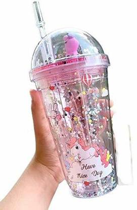 ACMETRADER Plastic Sipper Tumbler with Straw, 1 Tumbler, 1 Straw, Multicolour Decorative Bottle